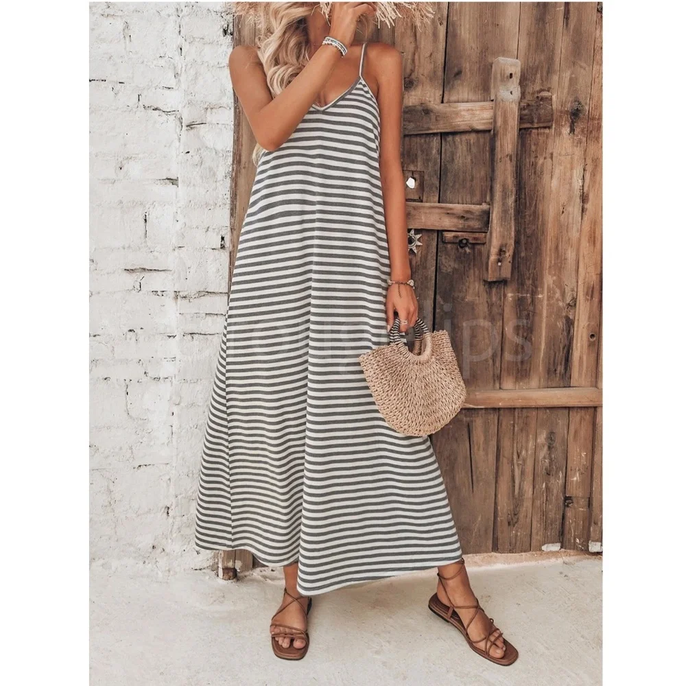 Loose Fitting Striped Cami Dress Maxi Long Flared V-Neck White Grey - Picture 2 of 9